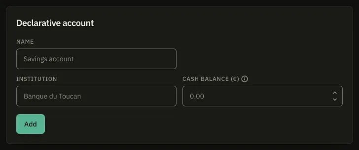 The form that opens a PEA: a Name box, an Institution box, and a third one labelled Cash balance with an information mark beside it, above the Add button.
