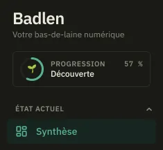 Le haut de la barre latérale : le nom Badlen, puis une entrée encadrée où un anneau tracé autour d'une pousse affiche Progression 57 % au-dessus du palier Découverte, et la première entrée du menu en dessous.
