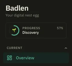 The top of the sidebar: the Badlen name, then a bordered entry where a ring drawn around a sprout reads Progress 57 % over the tier Discovery, and the first menu entry under it.