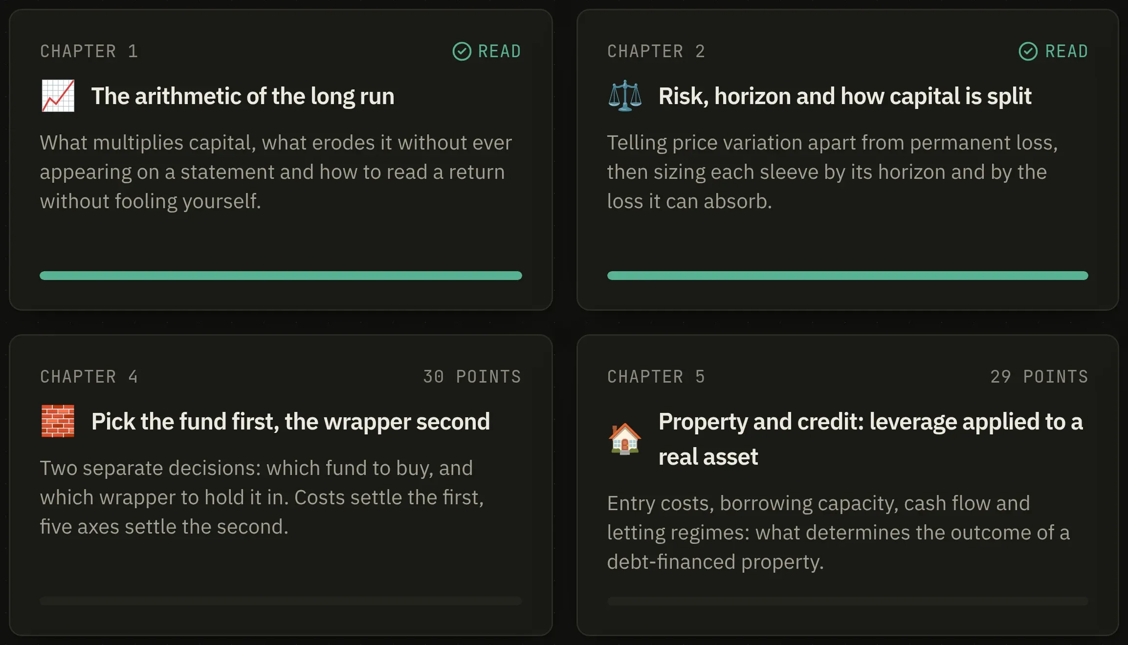 Four chapters of the Learn course, each with its summary and its progress.