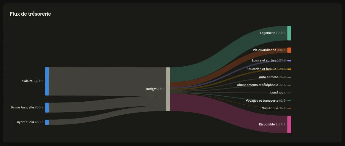 Le diagramme de flux : les sources de revenu se ramifiant depuis la gauche vers les postes de dépense à droite, ce qui reste étant dessiné comme une branche à part.