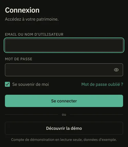 La carte de connexion : les cases identifiant et mot de passe au-dessus d'un bouton Se connecter, puis un séparateur et, en dessous, le bouton Découvrir la démo.