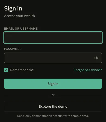 The sign-in card: the username and password boxes over a Sign in button, then a separator and, under it, the Explore the demo button.