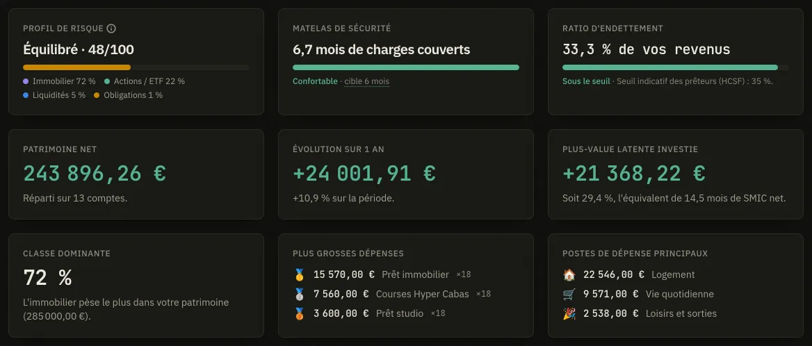 Le bas de la synthèse : neuf vignettes sur trois rangées, chacune un chiffre et une phrase en dessous, du profil de risque et du matelas de sécurité au patrimoine net, à la variation de l'année et aux plus gros postes de dépense.